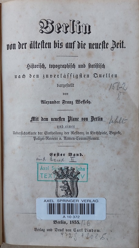 WESSELY, Berlin von der ältesten bis auf die neueste Zeit.