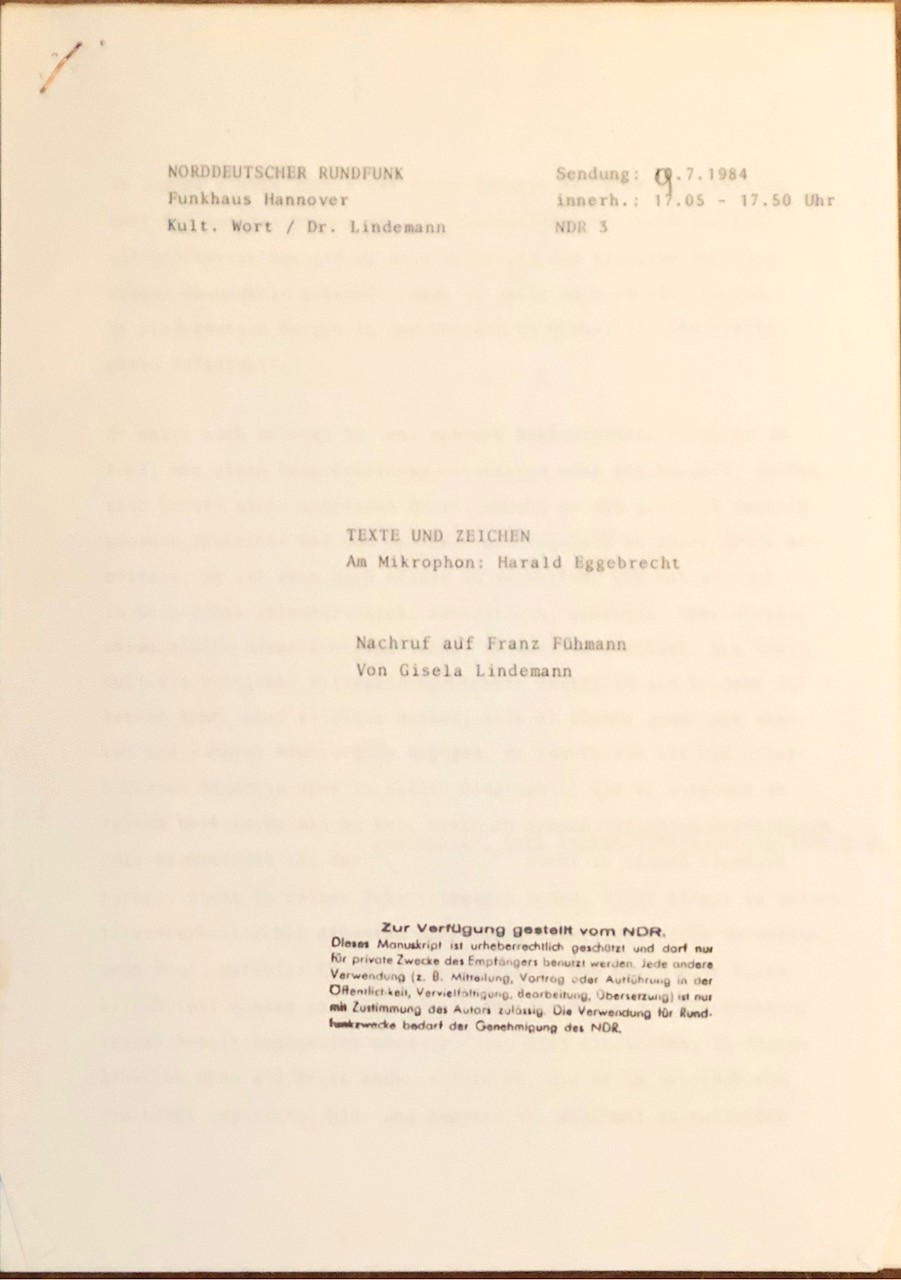 LINDEMANN, Texte und Zeichen. Nachruf auf Franz Fühmann.