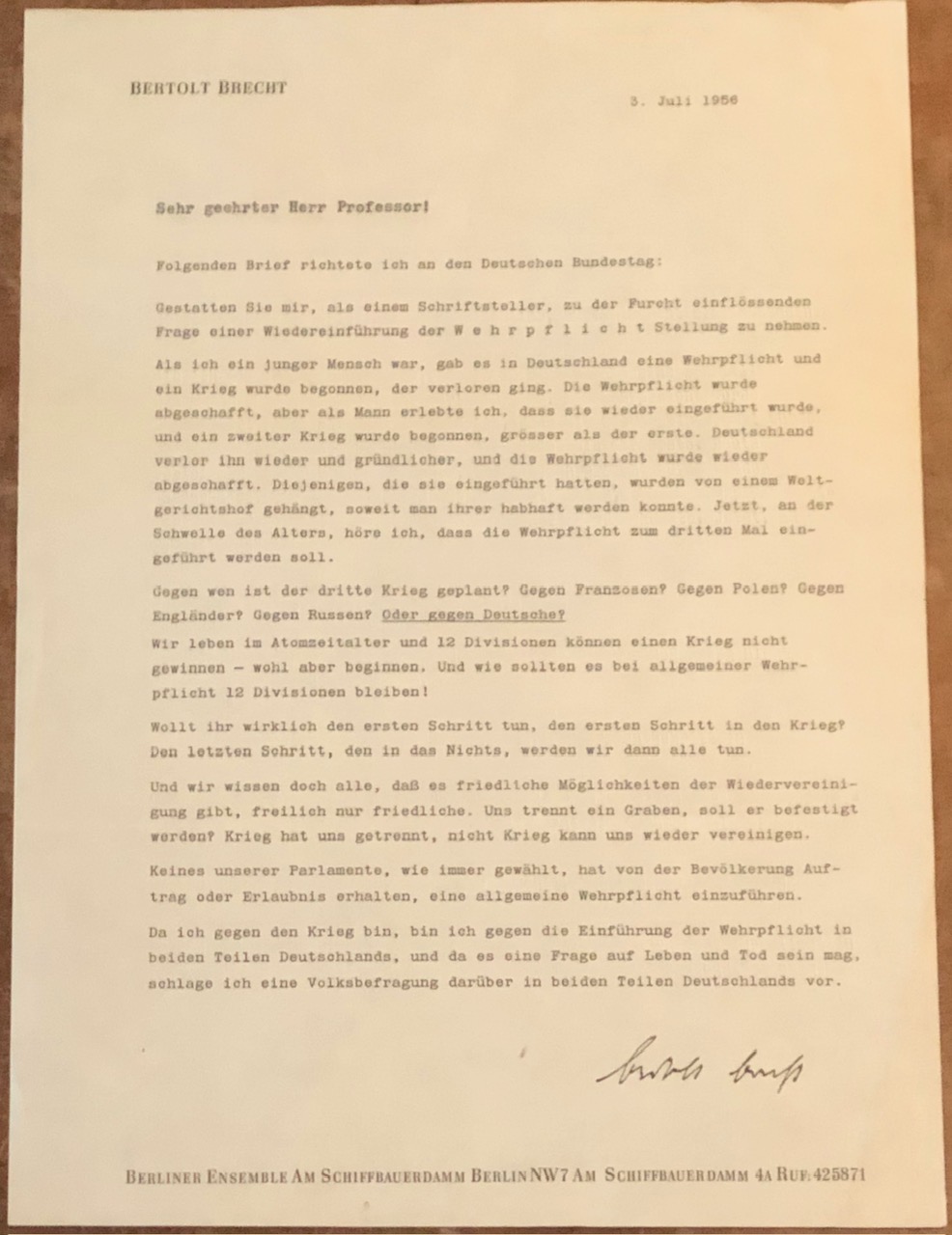 BRECHT, Offener Brief an den deutschen Bundestag im Jahr 1956.