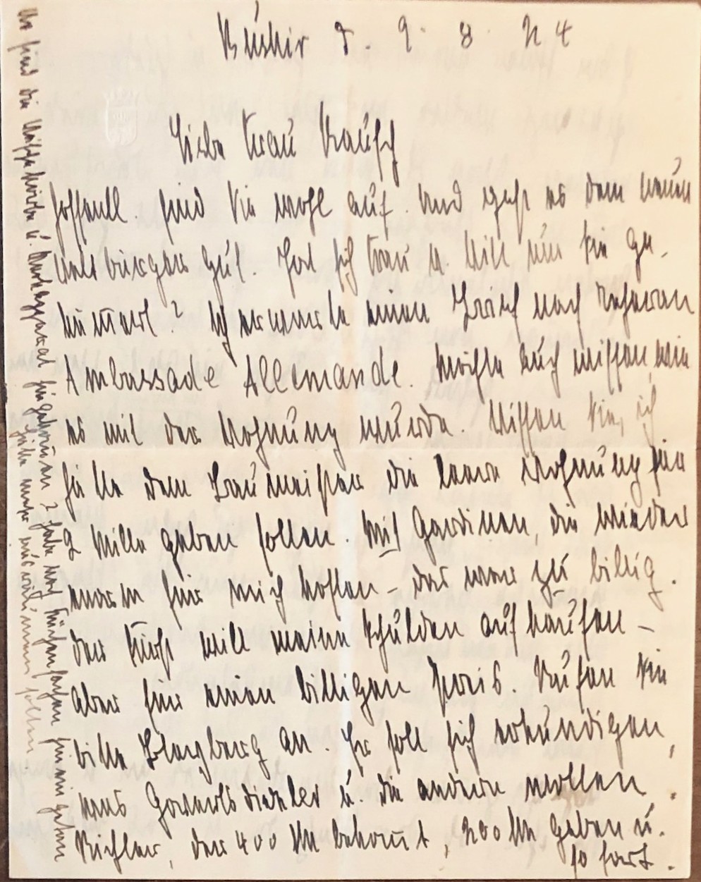 NATHUSIUS, "Liebe Frau Rausch", handschriftlicher Brief aus Bushir, datiert auf
